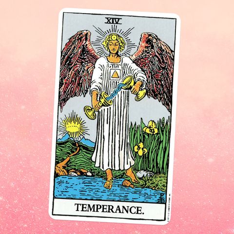 tarot card temperance, showing an angel in a white robe pouring water from one cup into another