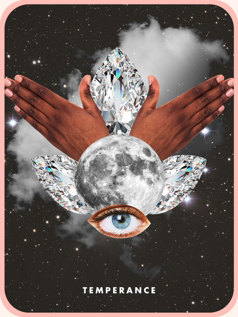 the temperance tarot card showing two hands above one eye, two diamonds and a full moon