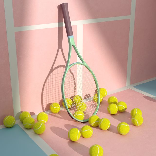 digital generated image of tennis balls and racket spotlighted while leaning on multi colored tennis court