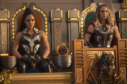tessa thompson as king valkyrie and natalie portman as mighty thor in thor love and thunder