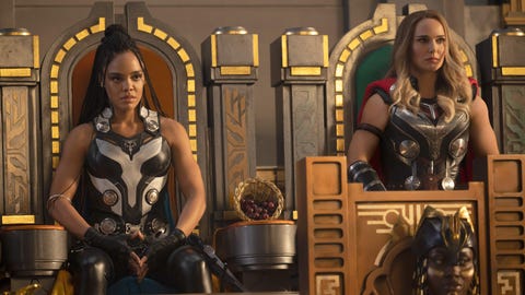 Tessa Thompson as King Valkyrie and Natalie Portman as Mighty Thor in Thor: Love and Thunder tessa thompson as king valkyrie and natalie portman as mighty thor in thor love and thunder