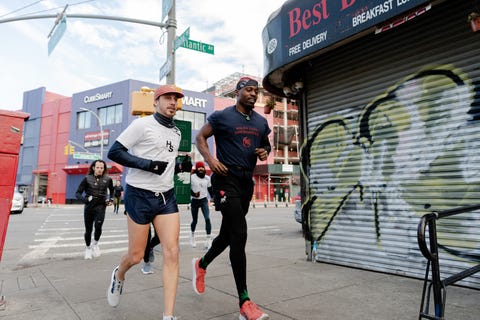 Thai Richards and Reph Star running through Brooklyn on a local run. thai richards and reph star running through brooklyn on a local run