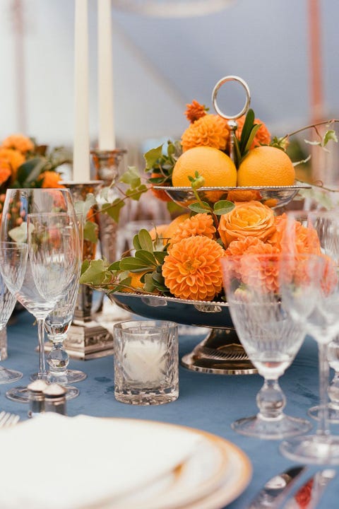 Orange, Yellow, Centrepiece, Rehearsal dinner, Food, Champagne stemware, Table, Brunch, Stemware, Tableware, 