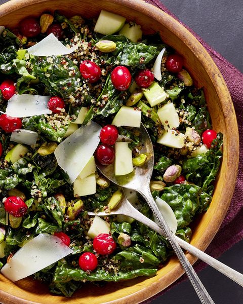 thanksgiving potluck ideas kale salad with pickled cranberries and crispy quinoa