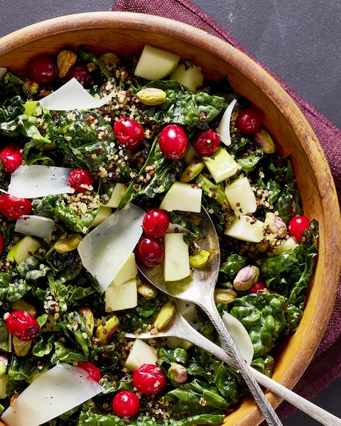 kale salad with pickled cranberries and crispy quinoa