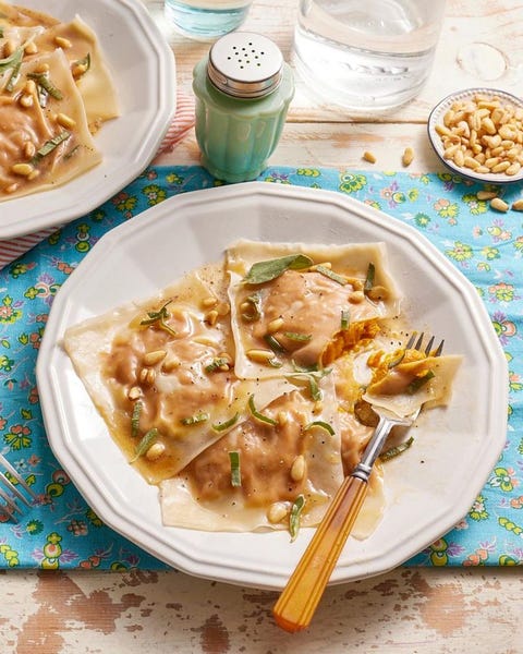 pumpkin ravioli on white plate