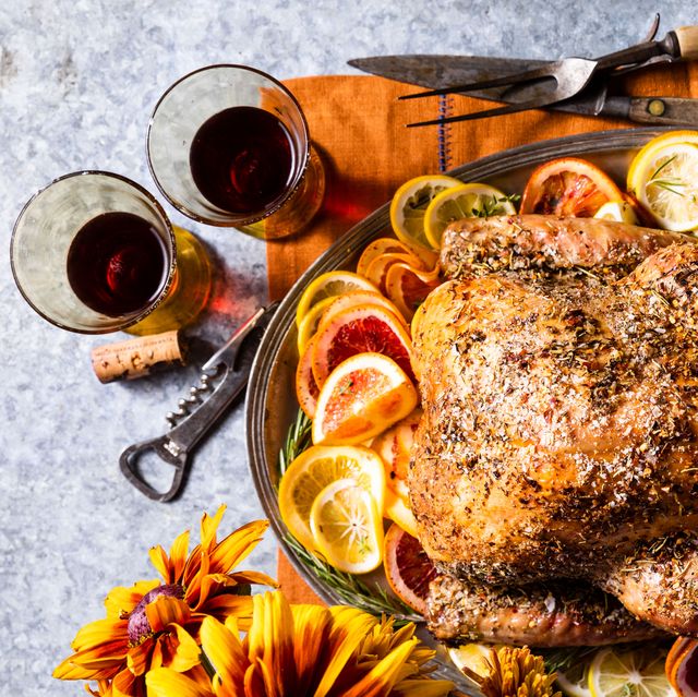 turkey with glasses of red wine