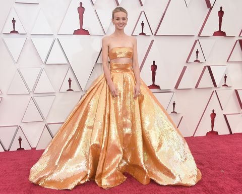 Carey Mulligan Wears Two-Piece Valentino Gold Dress to the Oscars 2021