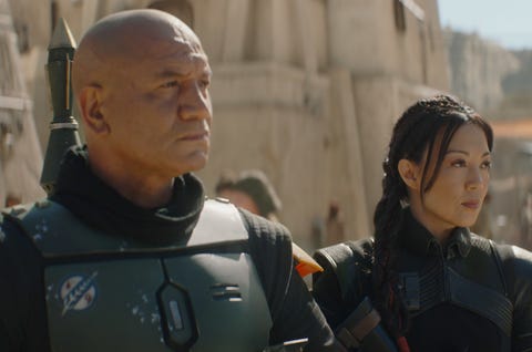 Temura Morrison and Ming-Na Wen as Boba Fett and Fennec Shand in The Book of Boba Fett temura morrison and mingna wen as boba fett and fennec shand in the book of boba fett