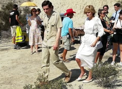 Josh O'Connor and Emma Corrin, in character as Prince Charles and Princess Diana, on the set of The Crown
