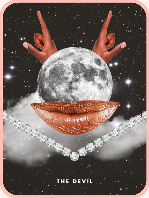 Devil's Tarot Card Devil's Tarot Card, showing both hands making devil's horns on the slightly smiling lips of the starry sky