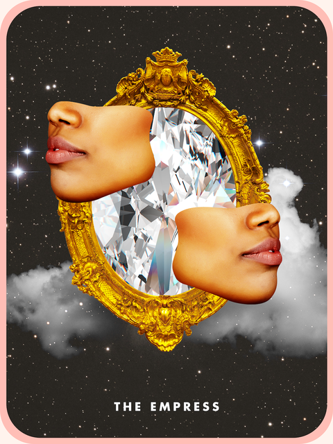 the empress tarot card, showing a woman's face doubled over a diamond mirror