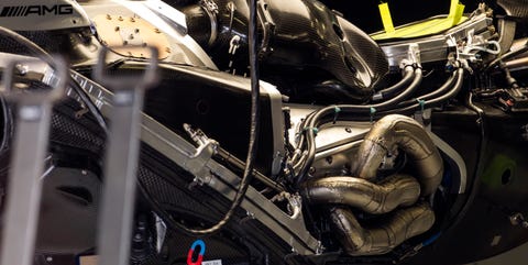 The engine of the Mercedes W10 in the pits during previews... The engine of the Mercedes W10 in the pits during previews...
