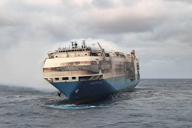 ship carrying luxury cars is on fire and adrift in the middle of the atlantic ocean