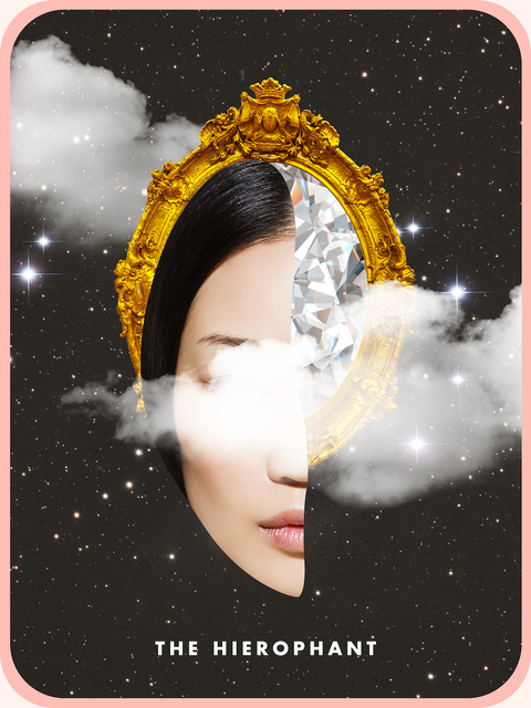 the Hierophant tarot card, showing half of a woman's face next to a diamond