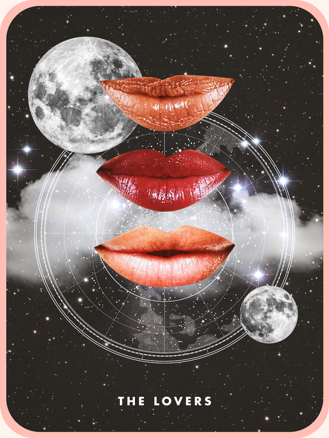 the lovers tarot card, showing three lips in a starry sky with a full moon on either side