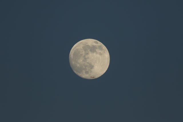 Magnificent Wolf Moon, the first full moon of January 2022 seen from Kent, UK. An airplane can be seen flying at the bottom of the moon. Magnificent Wolf Moon, the first full moon of January 2022 seen from Kent, UK A plane can be seen flying below the moon
