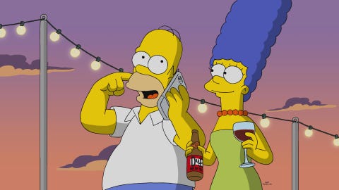 homer talks on the phone while marge carries beer and wine, the simpsons