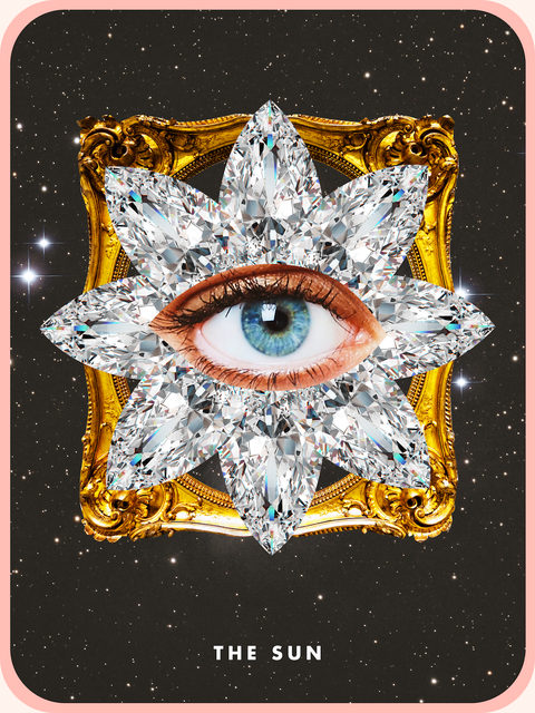 the sun tarot card, showing a single eye in the middle of a star-shaped diamond