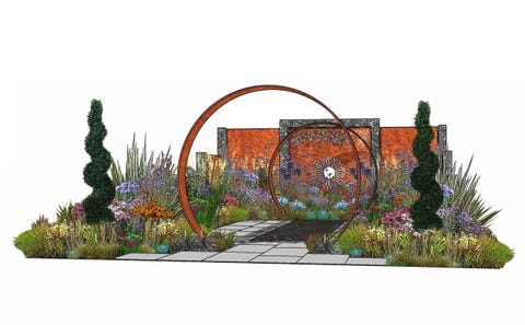 the sunburst garden, show garden, designed by charlie bloom and simon webster, rhs hampton court palace garden festival 2022