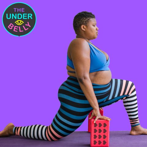 the underbelly logo and a photo of jessamyn in a yoga position