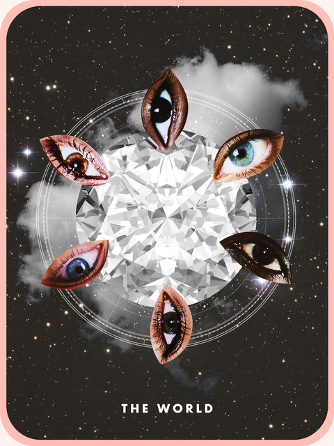 the tarot card the world, showing collage style eyes encircling a round diamond