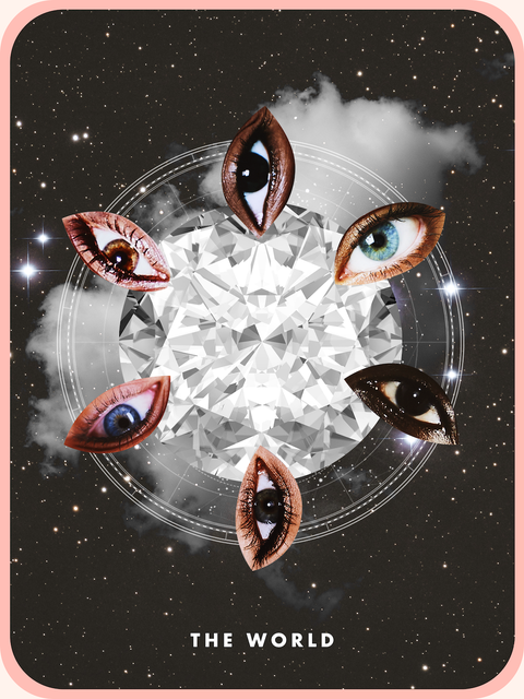 World Tarot Card A world tarot card showing collage-style eyes surrounding a round diamond