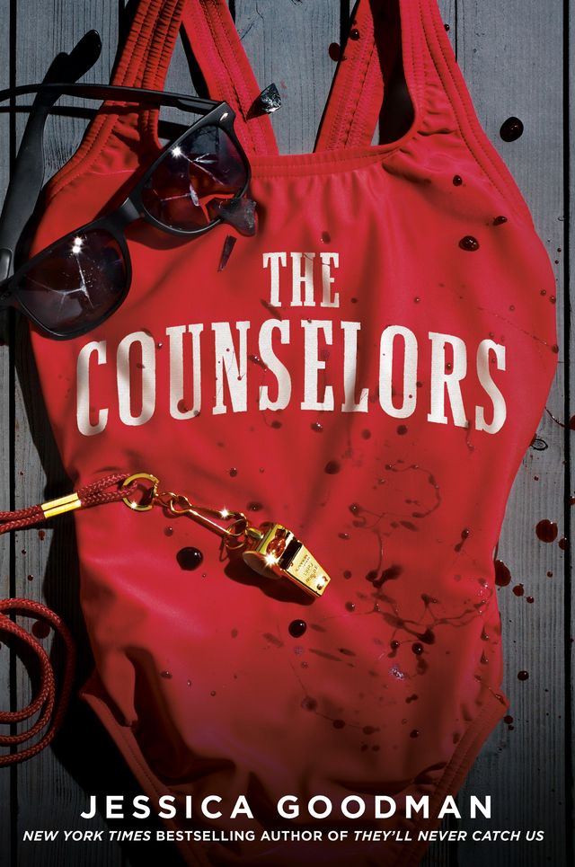 the counselors by jessica goodman cover featuring a bloodied red one piece swimsuit with a whistle and black sunglasses on it