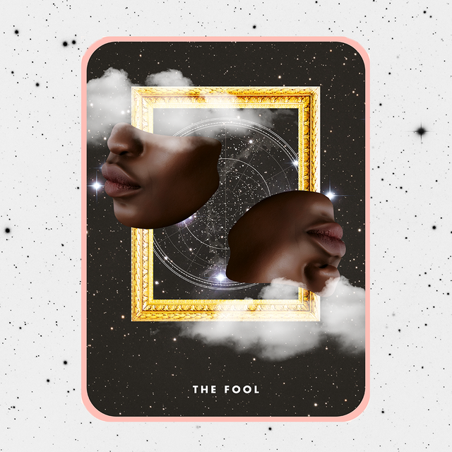 the fool tarot card, showing two faces mirrored over a constellation background