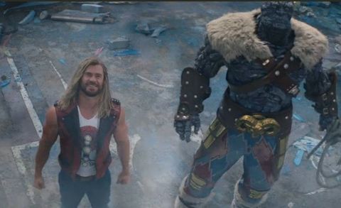 chris hemsworth as thor, and korg in thor love and thunder trailer