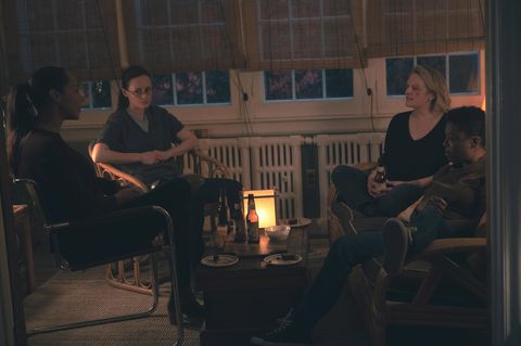 the handmaid’s tale    “home”   episode 407    june struggles with her newfound freedom, reuniting with loved ones and confronting her nemesis, serena rita amanda brugel, emily alexis bledel, june elisabeth moss, and moira samira wiley, shown photo by sophie giraudhulu