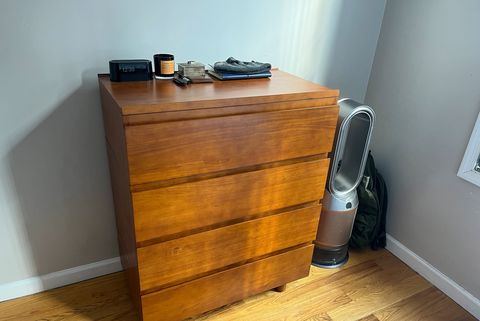 thuma dresser in a bedroom next to a dyson air purifier