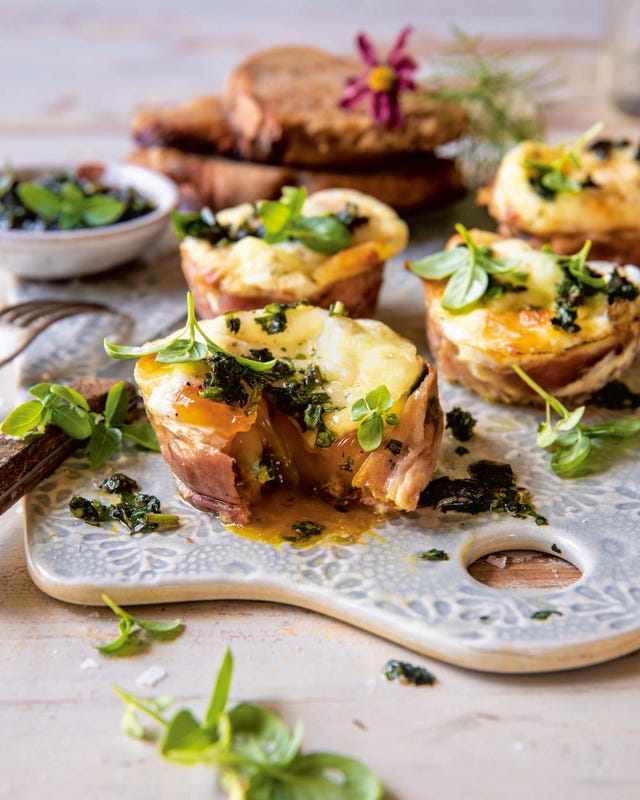 tieghan gerard prosciutto breakfast cups on tray with micro greens