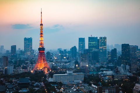tokyo tower and downtown district at dusk, tokyo, japan