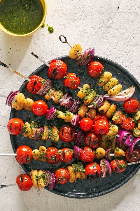 tomato gnocchi kebabs with red onion and salsa verde