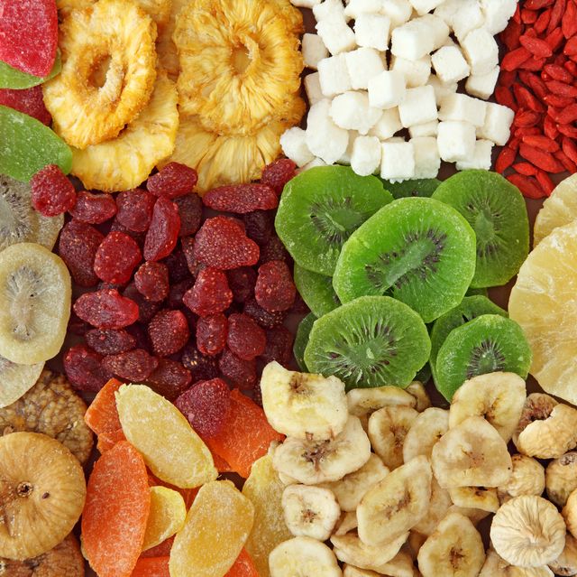 Top view of variety of dried fruits