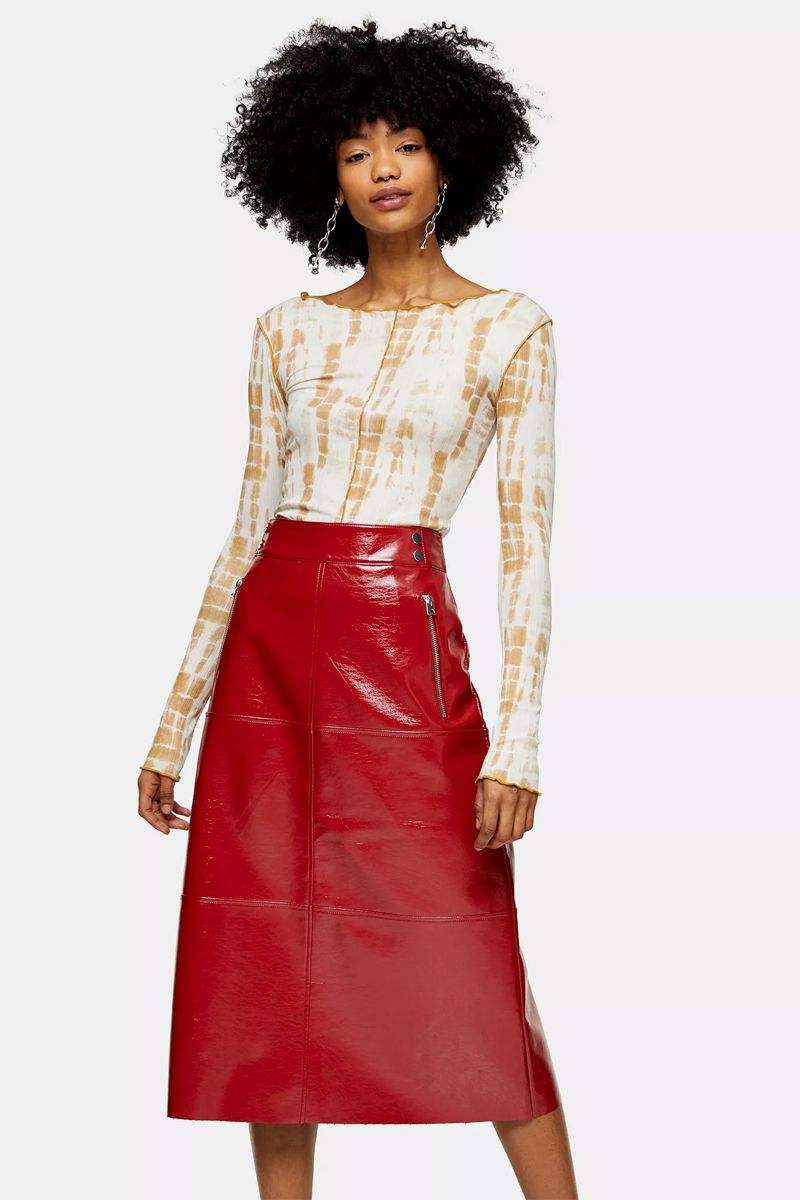 topshop red leather skirt