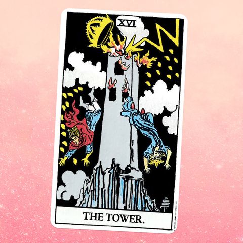 the tower tarot card, showing a tower struck by lightning and set on fire with people falling from it