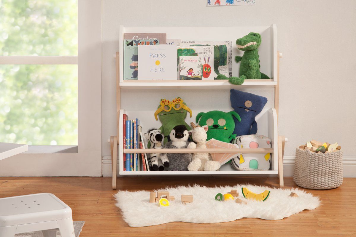 toy storage shelves with boxes