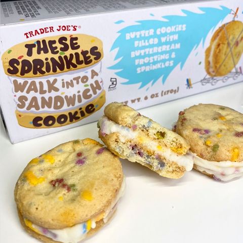 trader joe's butter cookies filled with buttercream frosting and sprinkles