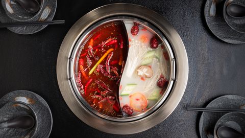 traditional hotpot soup with ingredients