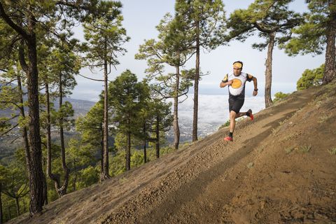 Trail runner running on dirt path near forest, Fuencaliente, La Palma, Canary Islands, Spain