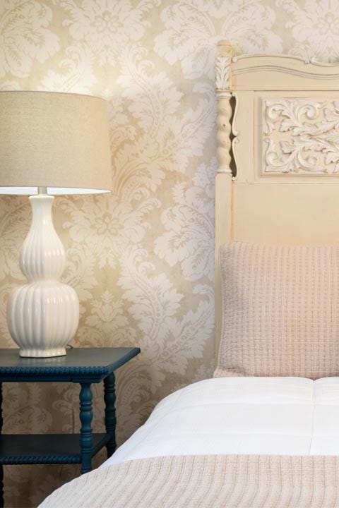 Bedroom, Room, Wall, Wallpaper, Furniture, Interior design, Bed, Lampshade, Nightstand, Lighting accessory, 