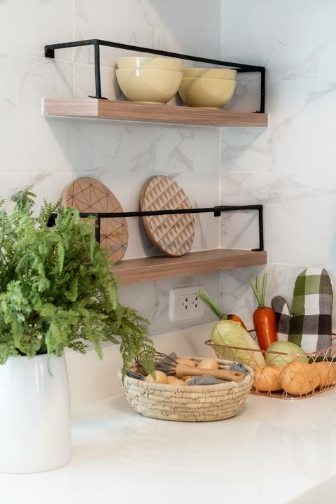 Shelf, Shelving, Furniture, Room, Wall, Interior design, Table, Countertop, Kitchen, Flowerpot, 