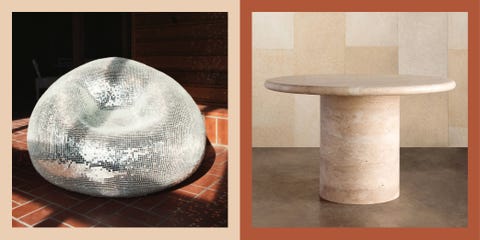 2021 Product Trends - ELLE Decor disco chair by rachel shillander for the future perfect and travertine table by kelly wearstler