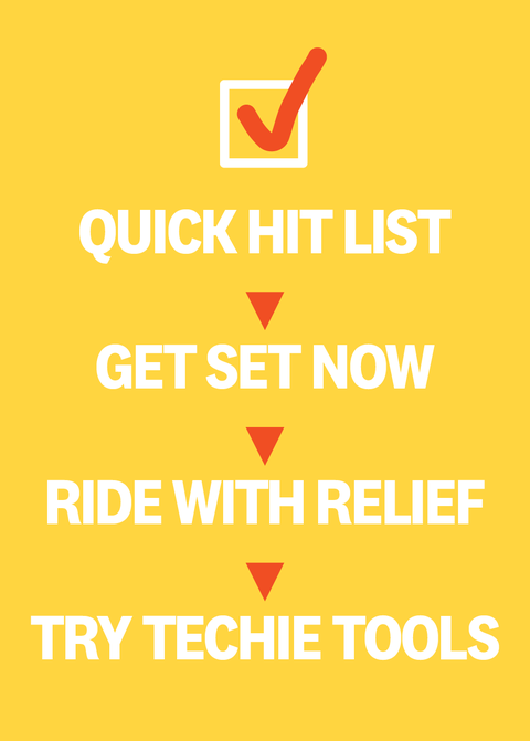 quick hit list 
get set now
ride with relief
try techie tools
