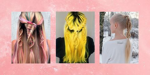 Hair, Hairstyle, Yellow, Pink, Hair coloring, Long hair, Blond, Hair accessory, Feathered hair, Neck, 