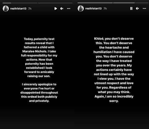 Tristan Thompson's apology to Khloé Kardashian after confirming third child