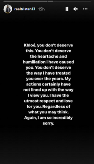 Tristan Thompson apologises to Khloé Kardashian after paternity test