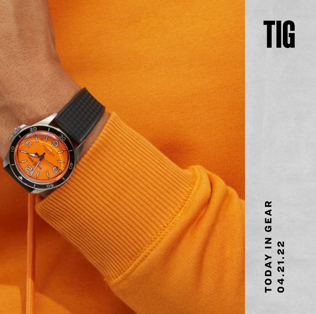 today in gear april 21 2022 bell and ross watch worn on a man's wrist in an orange sweater